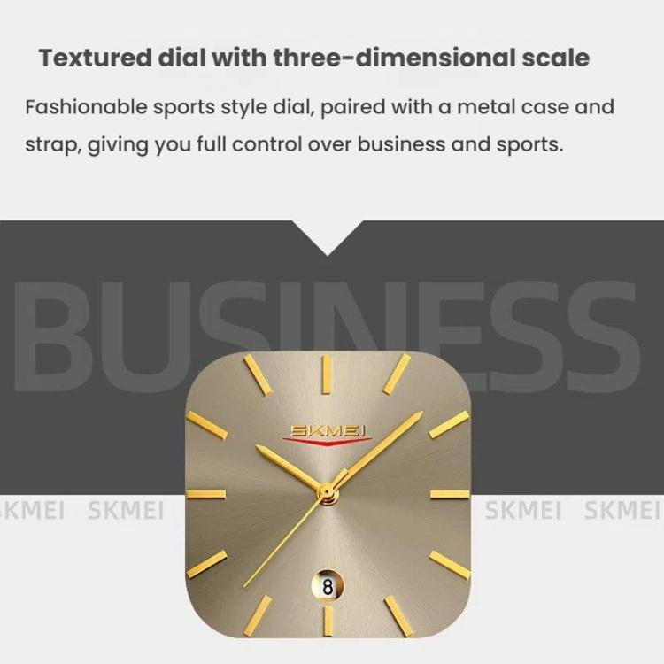SKMEI 9361 Steel Strap Textured Dial Watch Business Casual Square Quartz Watch, Style: Silver Gold Case Blue Dial - free shipping - PMC TechLife - Order now!