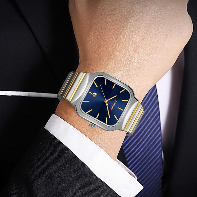SKMEI 9361 Steel Strap Textured Dial Watch Business Casual Square Quartz Watch, Style: Silver Gold Case Blue Dial - free shipping - PMC TechLife - Order now!