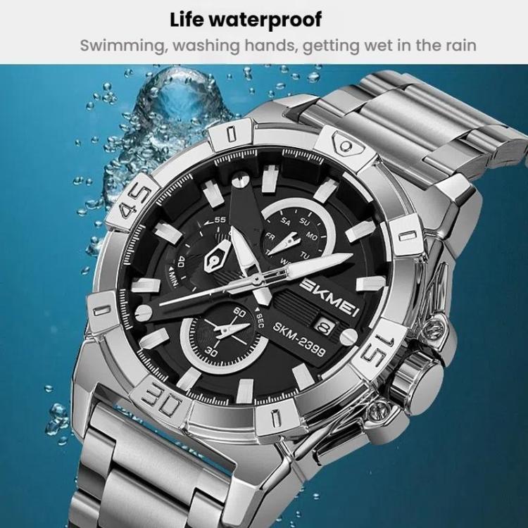 SKMEI 2399 Three-eye Six-pin Steel Band Quartz Watch Men Business Casual Watch(Silver) - free shipping - PMC TechLife - Order now!