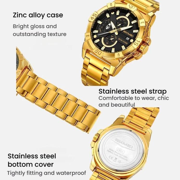 SKMEI 2399 Three-eye Six-pin Steel Band Quartz Watch Men Business Casual Watch(Black Gold) - free shipping - PMC TechLife - Order now!