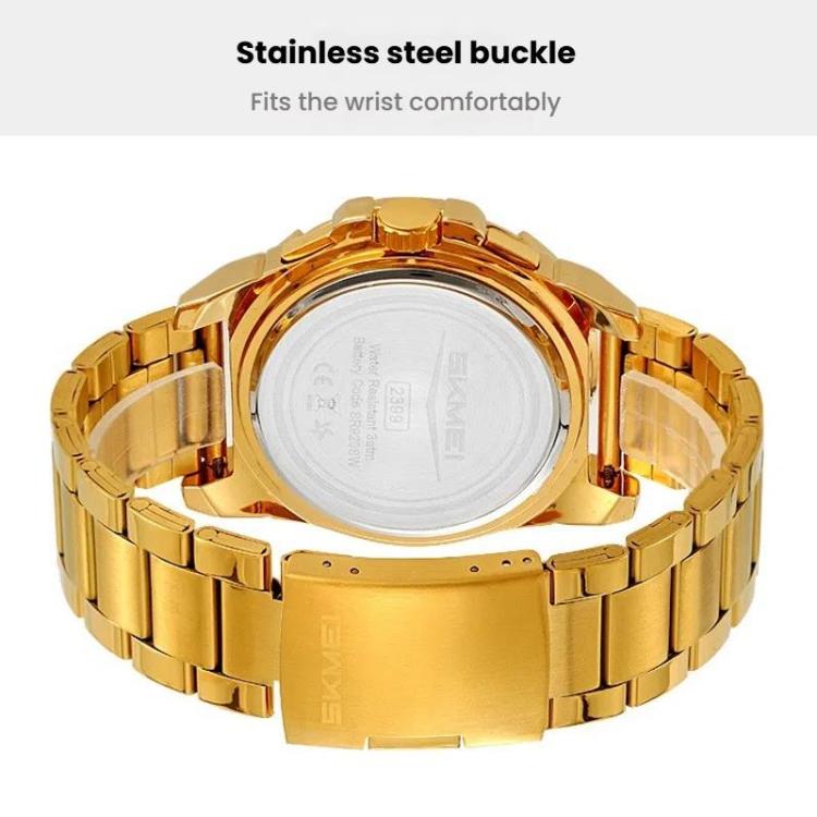 SKMEI 2399 Three-eye Six-pin Steel Band Quartz Watch Men Business Casual Watch(Black Gold) - free shipping - PMC TechLife - Order now!