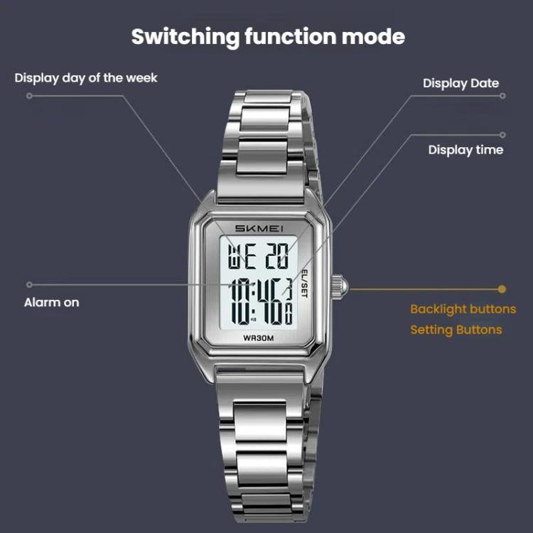 SKMEI 2493 Small Women Electronic Watch Square Steel Strap Watch, Style: Black Case White - free shipping - PMC TechLife - Order now!