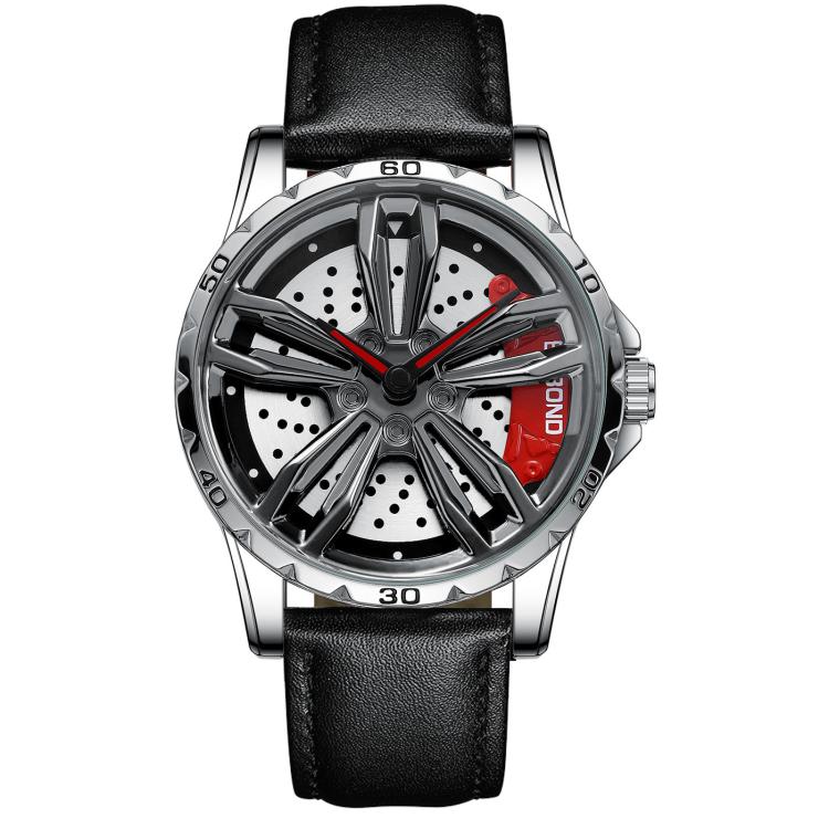 BINBOND D001 3D Hollow Motorcycle Rotating Wheel Watch, Color: Black Leather-White Steel-Red - free shipping - PMC TechLife - Order now!