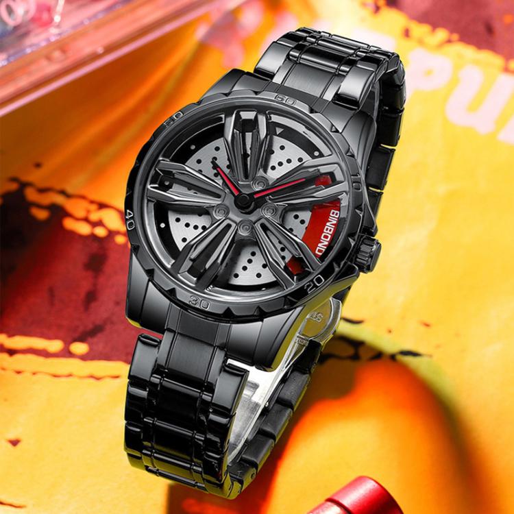 BINBOND D001 3D Hollow Motorcycle Rotating Wheel Watch, Color: Black Leather-White Steel-Red - free shipping - PMC TechLife - Order now!