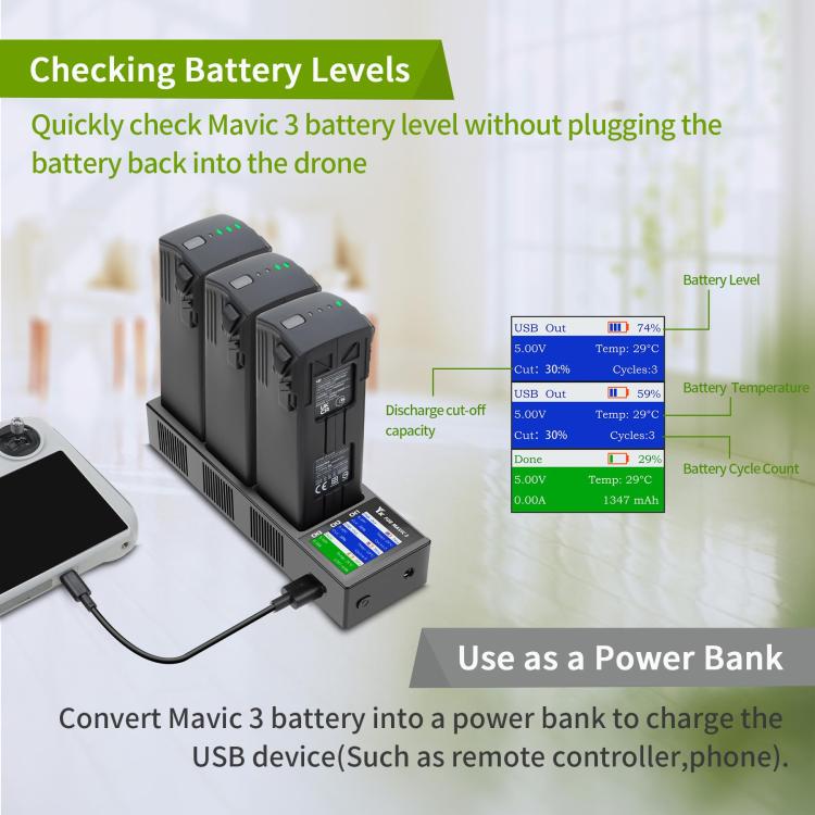 For DJI Mavic 3 YX Battery Charger Discharger Hub 3-in-1 Smart Charging Station With Color Screen EU Plug - free shipping - PMC TechLife - Order now!
