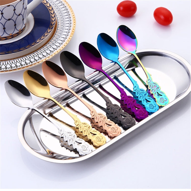Small Mini Stainless Steel Rose Flower Coffee Spoon Strring Spoon Teaspoon Tea Spoon Dessert Spoon Long Handle Tableware(Black Gold) - free shipping - PMC TechLife - Order now!