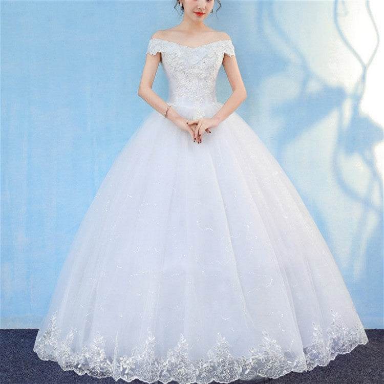 Retro Elegant Off Shoulder LaceThin Court Neat Princess Wedding Dress, Size:L(White) - Wedding Dress by PMC Jewellery | Online Shopping South Africa | PMC Jewellery