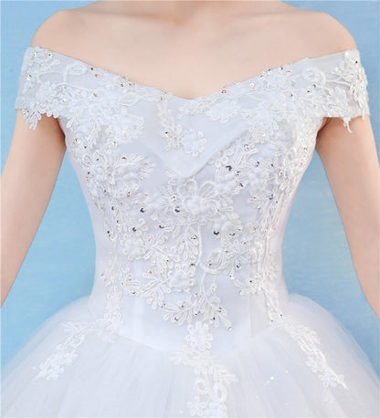 Retro Elegant Off Shoulder LaceThin Court Neat Princess Wedding Dress, Size:XL(White) - Wedding Dress by PMC Jewellery | Online Shopping South Africa | PMC Jewellery