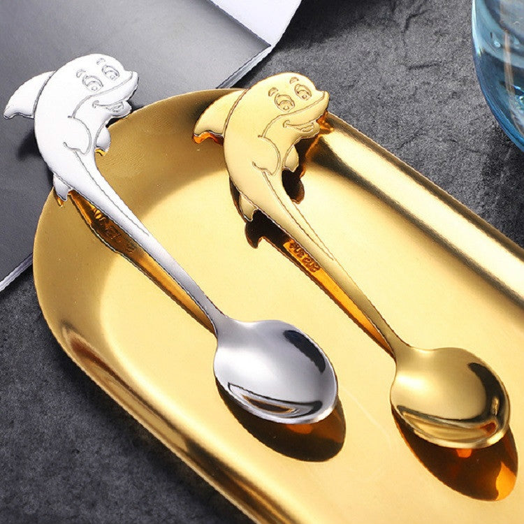 2 PCS Stainless Steel Dolphin Shape Cartoon Coffee Stirring Spoon Ice Cream Spoon Child Feeding Spoon(Gold) - free shipping - PMC TechLife - Order now!