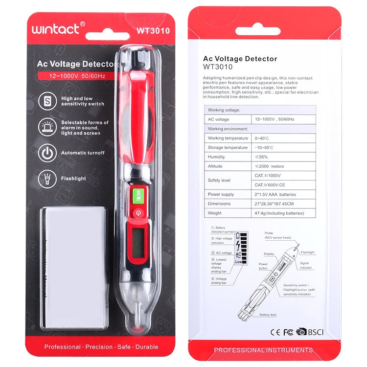 WINTACT WT3010  LED AC Voltage Tester Non-Contact Detector Pen 12-1000V AC Voltage Detector - Current & Voltage Tester by Wintact | Online Shopping South Africa | PMC TechLife | Buy Now Pay Later Mobicred