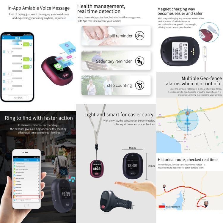 REACHFAR RF-V45-B Mini Touch Screen GPS Smart Tracker Pendant, Support SOS / Camera / Health Management / Video Calling / 4G LTE, For North America / South America(Wine Red) - Personal Tracker by REACHFAR | Online Shopping South Africa | PMC Jewellery | Buy Now Pay Later Mobicred