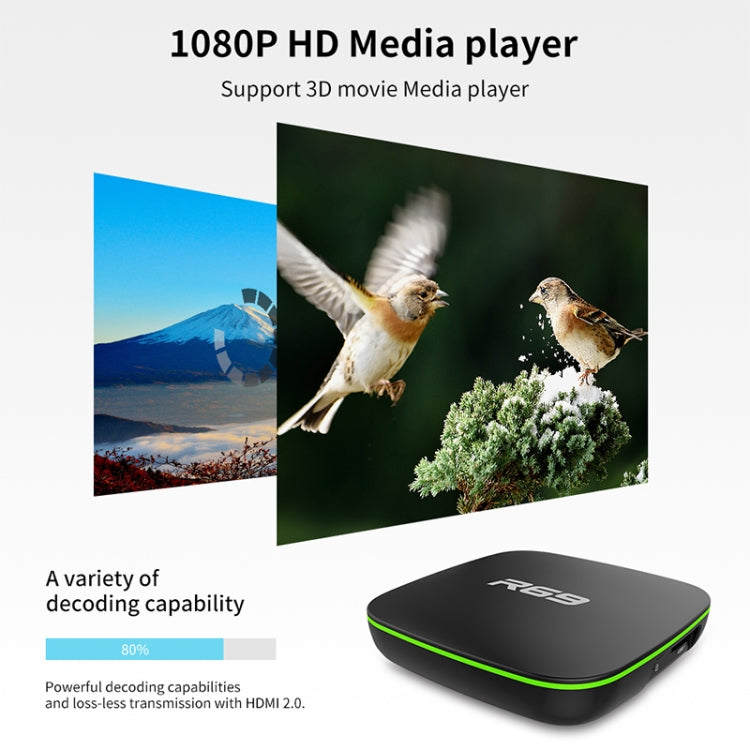 R69 1080P HD Smart TV BOX Android 4.4 Media Player with Remote Control, Quad Core Allwinner H3, RAM: 1GB, ROM: 8GB, 2.4G WiFi, LAN, US Plug - Allwinner H3 by PMC TechLife | Online Shopping South Africa | PMC TechLife | Buy Now Pay Later Mobicred