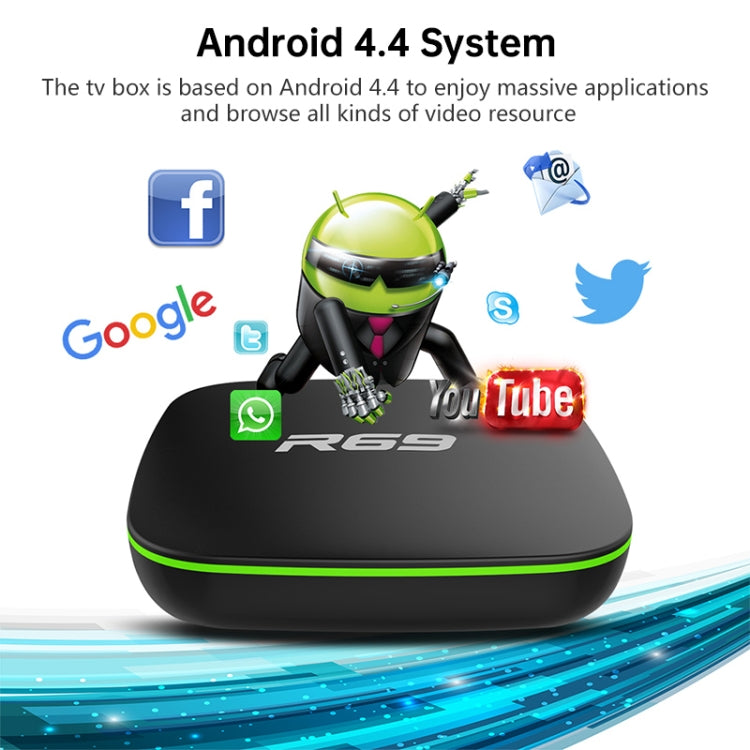 R69 1080P HD Smart TV BOX Android 4.4 Media Player with Remote Control, Quad Core Allwinner H3, RAM: 1GB, ROM: 8GB, 2.4G WiFi, LAN, EU Plug - Allwinner H3 by PMC TechLife | Online Shopping South Africa | PMC TechLife | Buy Now Pay Later Mobicred
