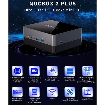 GMKTEC NUCBOX 2 Plus Windows 11 Pro/Linux/Ubuntu Mini PC, Intel 11th Tigerlake-U I5-1135G7, Quad Core 8 Thread, 2.4GHz up to 4.2GHz, 16GB+512GB, Support Bluetooth / WiFi, UK Plug - Windows Mini PCs by GMKtec | Online Shopping South Africa | PMC Jewellery | Buy Now Pay Later Mobicred