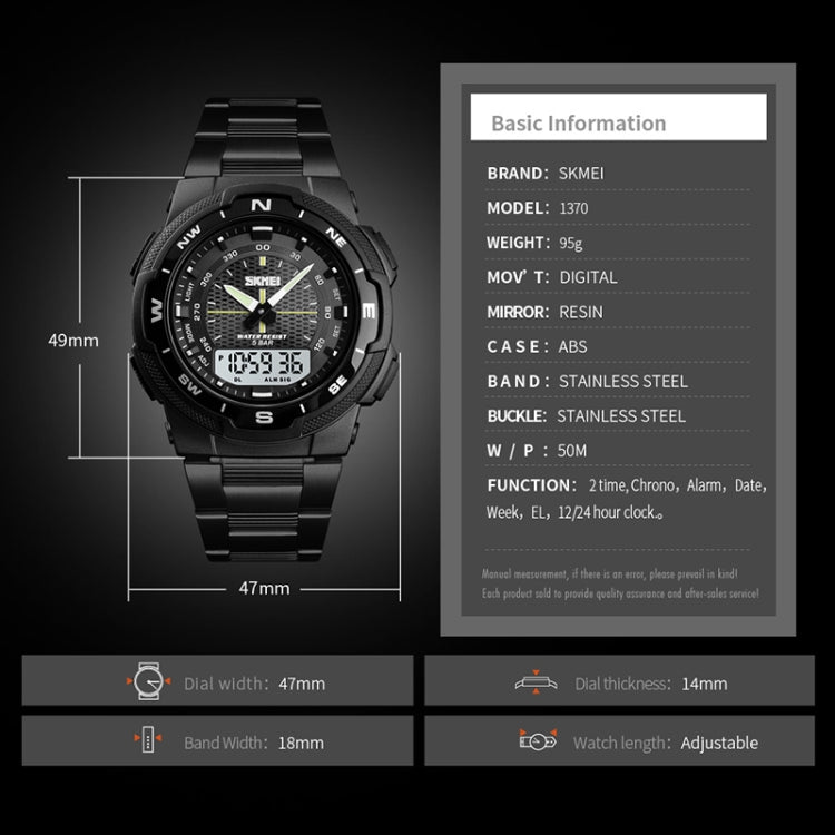 SKMEI 1370 Multifunctional Men Outdoor Sports Noctilucent Waterproof Stainless Steel Digital Wrist Watch (Black) - free shipping - PMC TechLife - Order now!