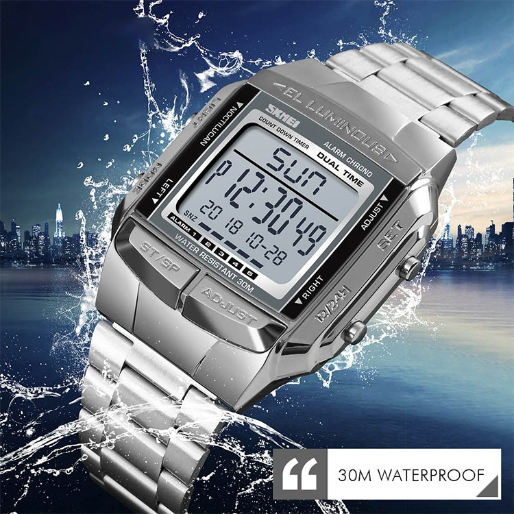 SKMEI 1381 Multifunctional Men Outdoor Business Sport Noctilucent Waterproof Digital Wrist Watch(Silver) - free shipping - PMC TechLife - Order now!