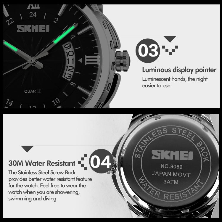 SKMEI 9069 Multifunctional Outdoor Fashion Business Waterproof Interval Gold Shell Quartz Wrist Watch(Rose Gold) - free shipping - PMC TechLife - Order now!