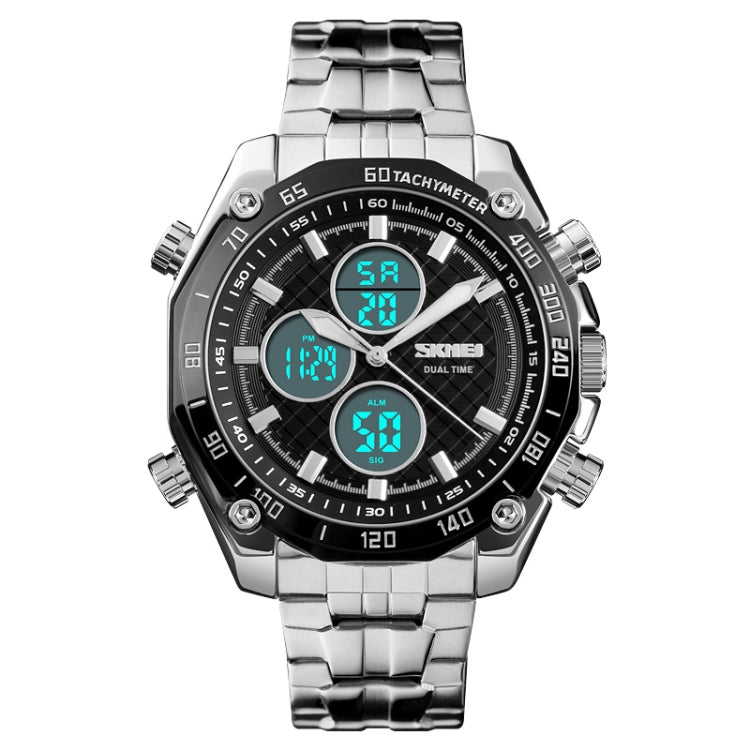 SKMEI 1302 Fashion Men Leisure Wrist Watch Multifunctional Dual-time Sports Digital Watch with Stainless Steel Watchband 30m Waterproof (Silver+Black) - free shipping - PMC TechLife - Order now!