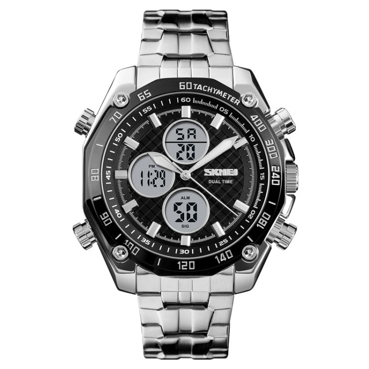 SKMEI 1302 Fashion Men Leisure Wrist Watch Multifunctional Dual-time Sports Digital Watch with Stainless Steel Watchband 30m Waterproof (Silver+Black) - free shipping - PMC TechLife - Order now!