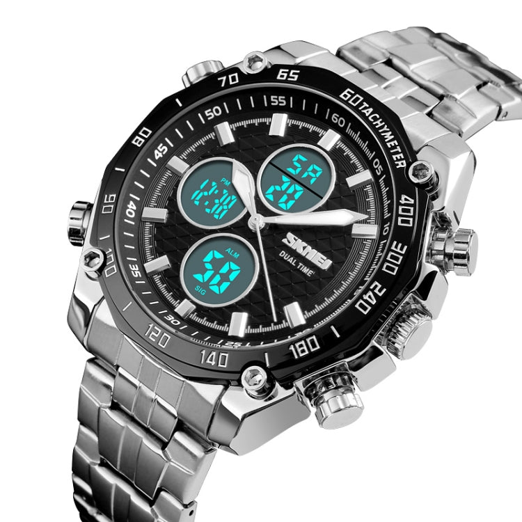 SKMEI 1302 Fashion Men Leisure Wrist Watch Multifunctional Dual-time Sports Digital Watch with Stainless Steel Watchband 30m Waterproof (Silver+Black) - free shipping - PMC TechLife - Order now!