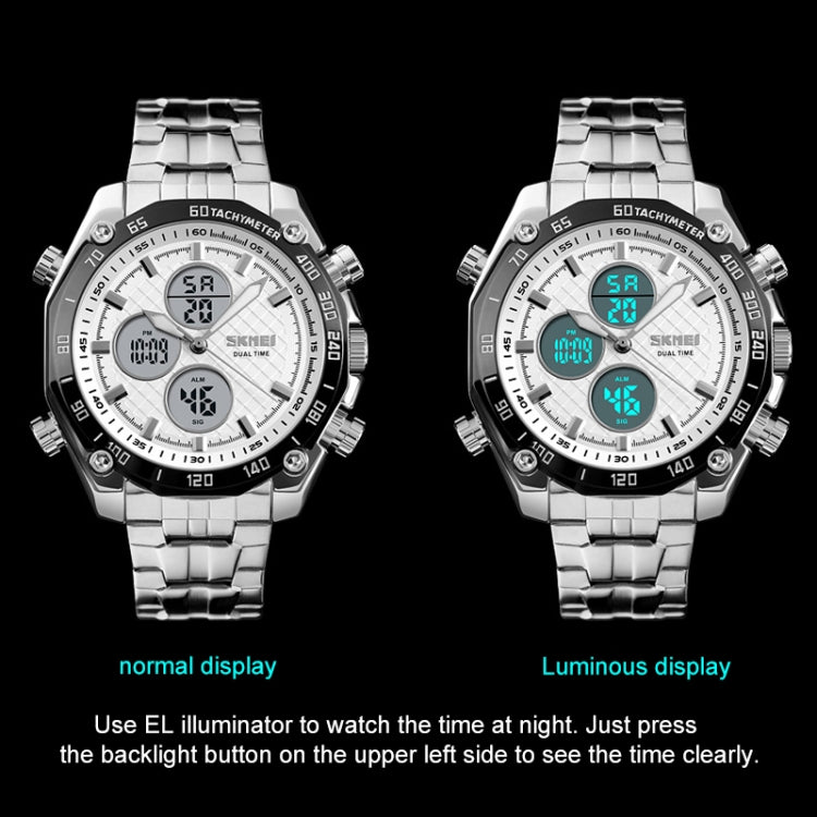 SKMEI 1302 Fashion Men Leisure Wrist Watch Multifunctional Dual-time Sports Digital Watch with Stainless Steel Watchband 30m Waterproof (Silver+Black) - free shipping - PMC TechLife - Order now!