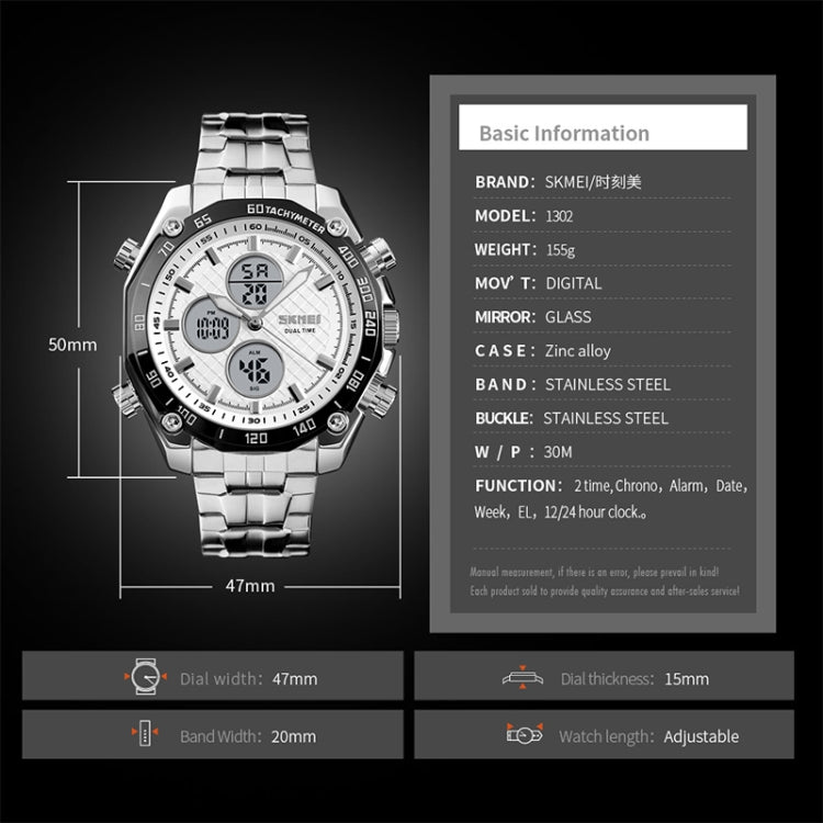 SKMEI 1302 Fashion Men Leisure Wrist Watch Multifunctional Dual-time Sports Digital Watch with Stainless Steel Watchband 30m Waterproof (Silver+Black) - free shipping - PMC TechLife - Order now!