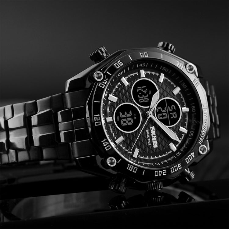 SKMEI 1302 Fashion Men Leisure Wrist Watch Multifunctional Dual-time Sports Digital Watch with Stainless Steel Watchband 30m Waterproof (Silver+Black) - free shipping - PMC TechLife - Order now!