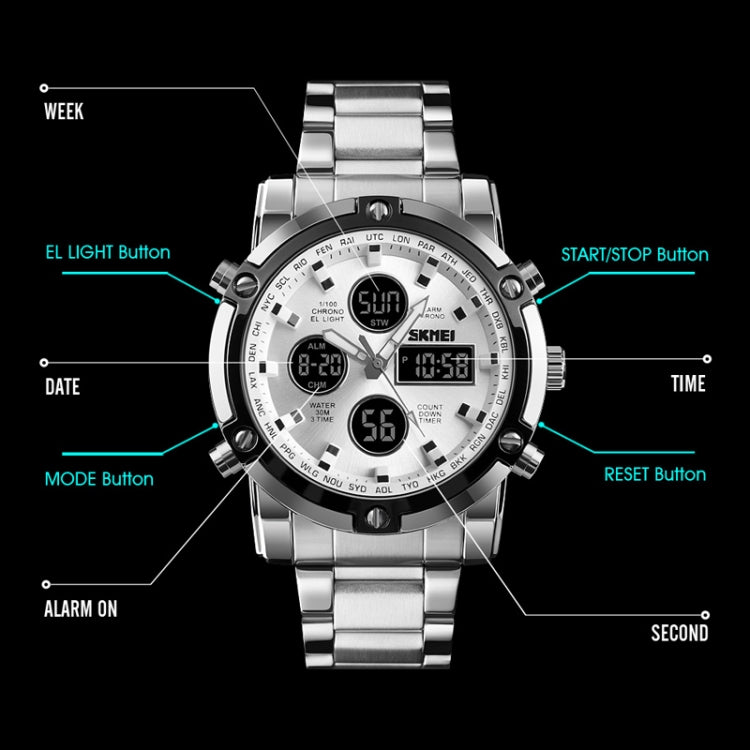 SKMEI 1389 Multifunctional Men Business Digital Watch 30m Waterproof Large Dial Wrist Watch with Stainless Steel Watchband (Black) - free shipping - PMC TechLife - Order now!