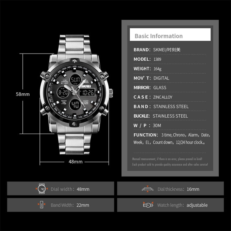 SKMEI 1389 Multifunctional Men Business Digital Watch 30m Waterproof Large Dial Wrist Watch with Stainless Steel Watchband (Black) - free shipping - PMC TechLife - Order now!