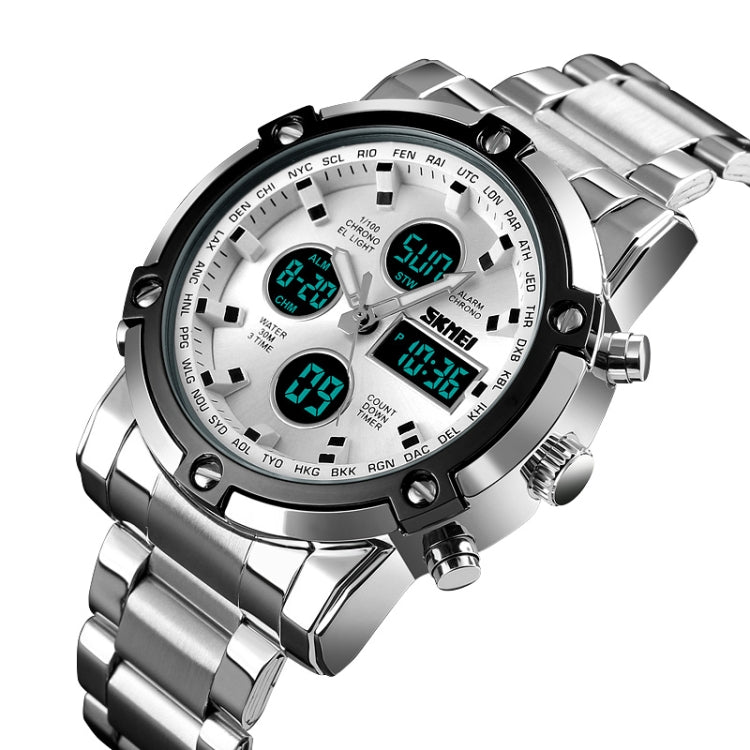 SKMEI 1389 Multifunctional Men Business Digital Watch 30m Waterproof Large Dial Wrist Watch with Stainless Steel Watchband (Silver) - free shipping - PMC TechLife - Order now!