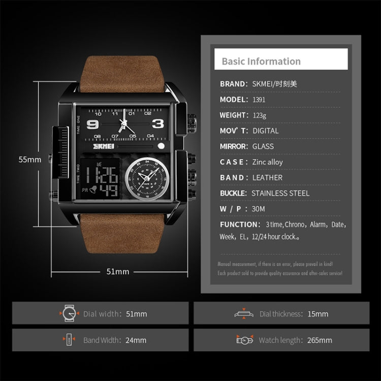 SKMEI 1391 Multifunctional Men Business Digital Watch 30m Waterproof Square Dial Wrist Watch with Leather Watchband(Black+Coffee) - free shipping - PMC TechLife - Order now!