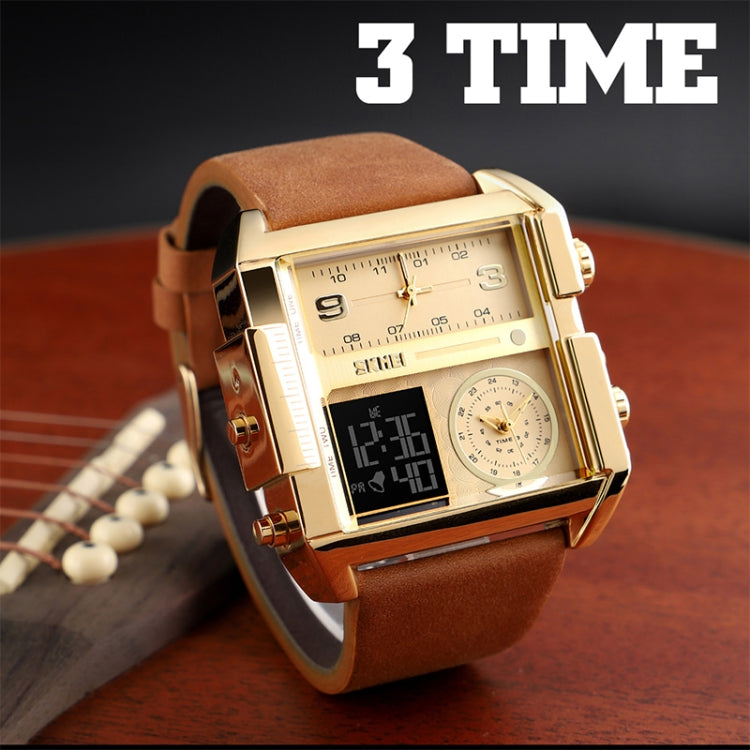 SKMEI 1391 Multifunctional Men Business Digital Watch 30m Waterproof Square Dial Wrist Watch with Leather Watchband(Black+Coffee) - free shipping - PMC TechLife - Order now!