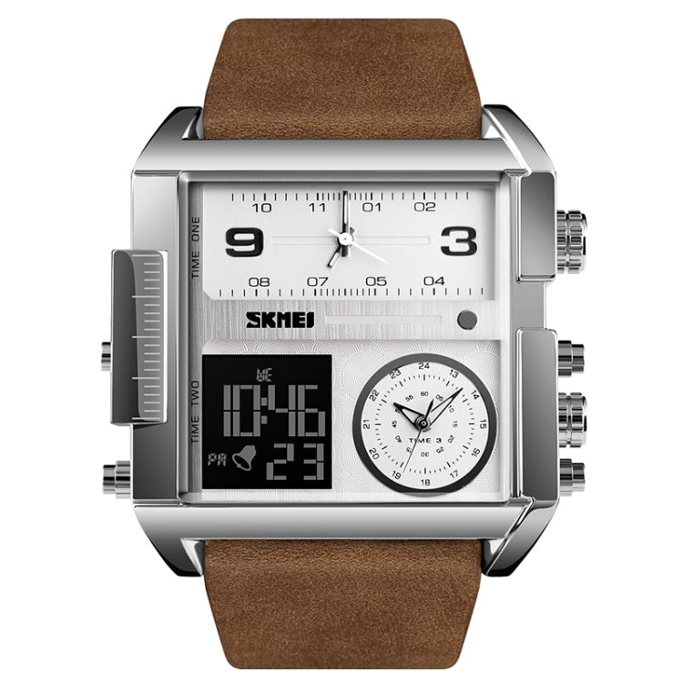SKMEI 1391 Multifunctional Men Business Digital Watch 30m Waterproof Square Dial Wrist Watch with Leather Watchband(Silver+Coffee) - free shipping - PMC TechLife - Order now!