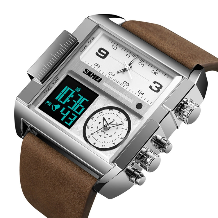SKMEI 1391 Multifunctional Men Business Digital Watch 30m Waterproof Square Dial Wrist Watch with Leather Watchband(Silver+Coffee) - free shipping - PMC TechLife - Order now!
