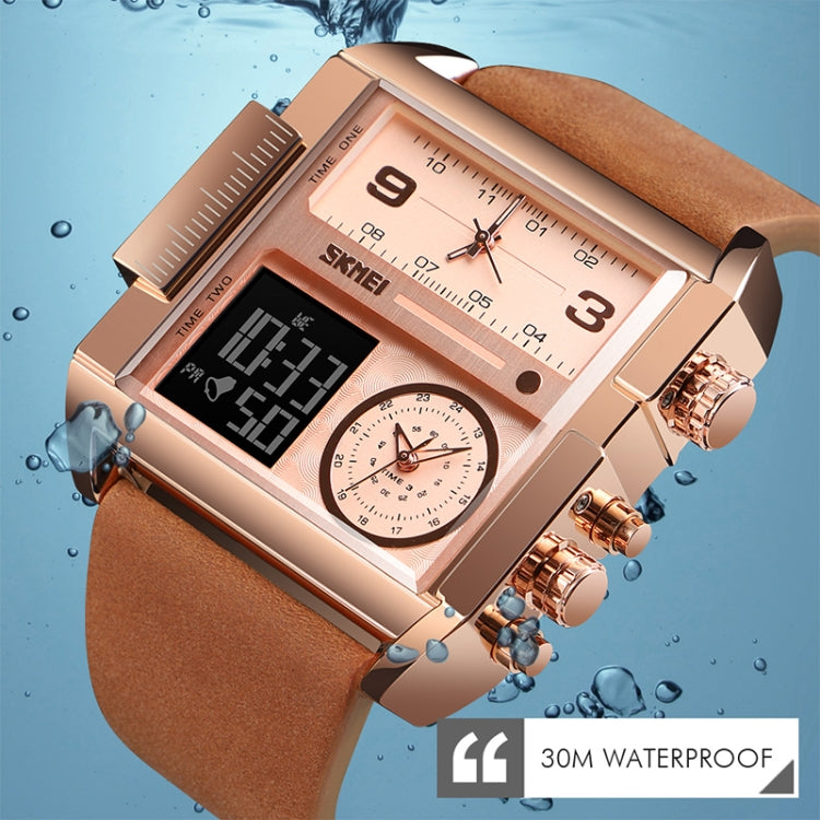 SKMEI 1391 Multifunctional Men Business Digital Watch 30m Waterproof Square Dial Wrist Watch with Leather Watchband(Gold) - free shipping - PMC TechLife - Order now!