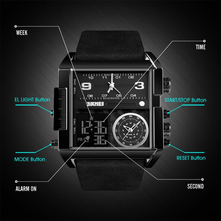 SKMEI 1391 Multifunctional Men Business Digital Watch 30m Waterproof Square Dial Wrist Watch with Leather Watchband(Silver+Black) - free shipping - PMC TechLife - Order now!