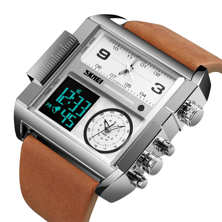 SKMEI 1391 Multifunctional Men Business Digital Watch 30m Waterproof Square Dial Wrist Watch with Leather Watchband(Silver) - free shipping - PMC TechLife - Order now!