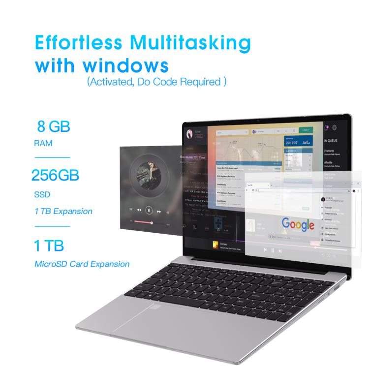 N5095 15.6 inch Laptop, 8GB+256GB, Windows 11 Intel Celeron N5095 Quad Core, Support Fingerprint Unlock, UK Plug (Silver) - free shipping - PMc TechLife - Order now!