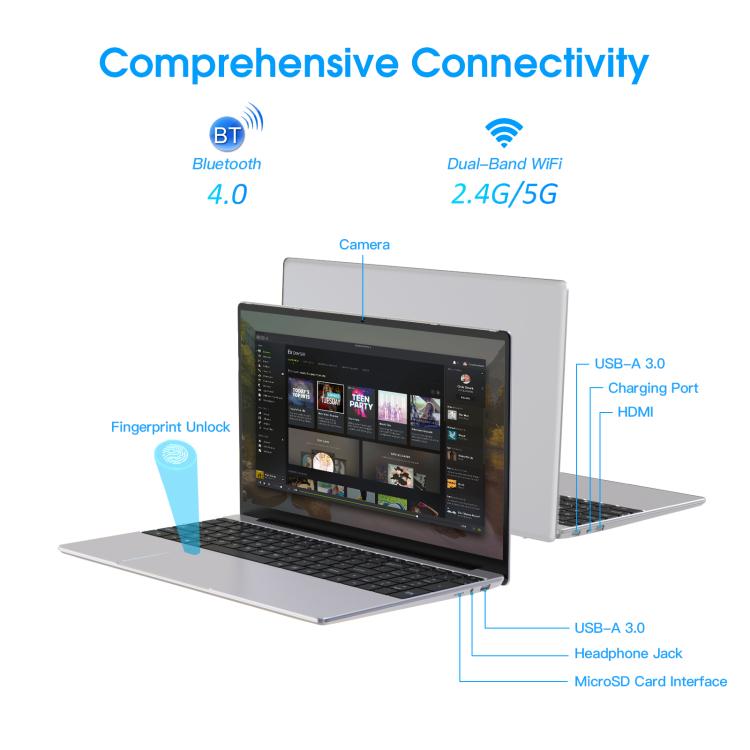 N5095 15.6 inch Laptop, 8GB+256GB, Windows 11 Intel Celeron N5095 Quad Core, Support Fingerprint Unlock, UK Plug (Silver) - free shipping - PMc TechLife - Order now!