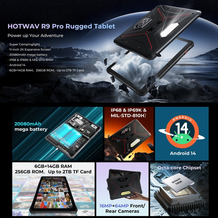 HOTWAV Tab R9 Pro IP68/IP69K Rugged Tablet, 6GB+256GB, 11 inch Android 14 Unisoc T606 Octa Core 4G Network, Global Version with Google Play, EU Plug (Black Red) - free shipping - PMC TechLife - Order now!