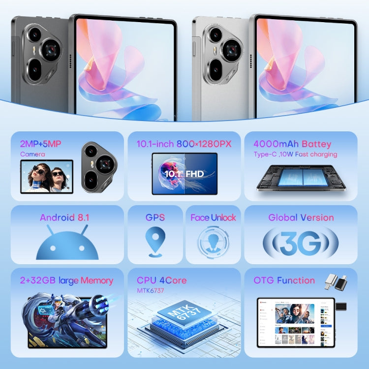 Pad7 Ultra 10.1 inch 3G Phone Call Tablet PC, 2GB+32GB, Android 8.1 MTK6737 Quad Core, UK Plug (Silver) - free shipping - PMc TechLife - Order now!
