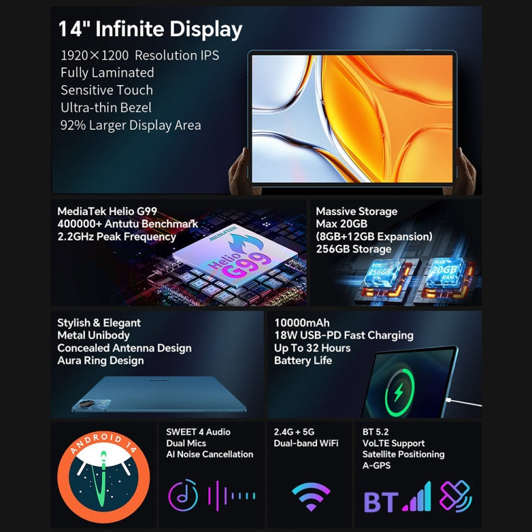 Teclast T70 4G LTE Tablet PC, 8GB+256GB, 14 inch Android 14 MediaTek Helio G99 Octa Core, Support Dual SIM - free shipping - PMc TechLife - Order now!