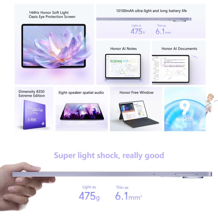 Honor Pad V9 WiFi Tablet PC, 11.5 inch 8GB+128GB MagicOS 9.0 Dimensity 8350 Ultra Octa Core (Purple) - free shipping - PMc TechLife - Order now!
