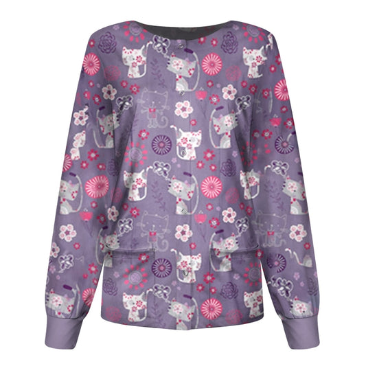 Round Neck Printed Nurse Clothes Long Sleeve Top (Color:Purple Size:XL) - Work Clothes by PMC Jewellery | Online Shopping South Africa | PMC Jewellery