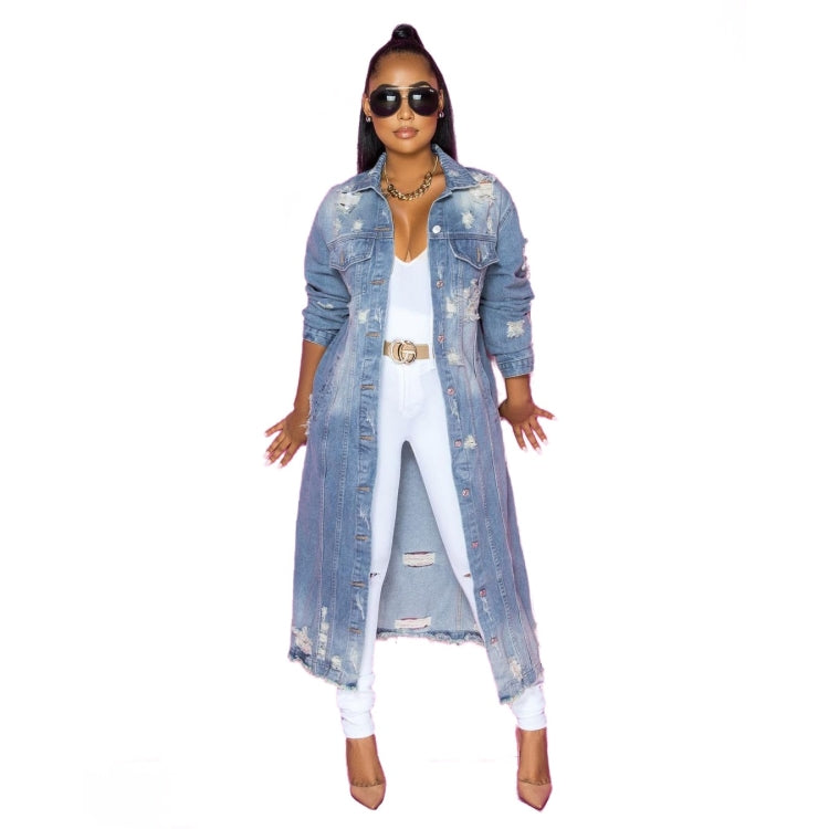 Loose Long Sleeve Ripped Denim Long Top (Color:Blue Size:S) - Jacket & Loose Coat by PMC Jewellery | Online Shopping South Africa | PMC Jewellery