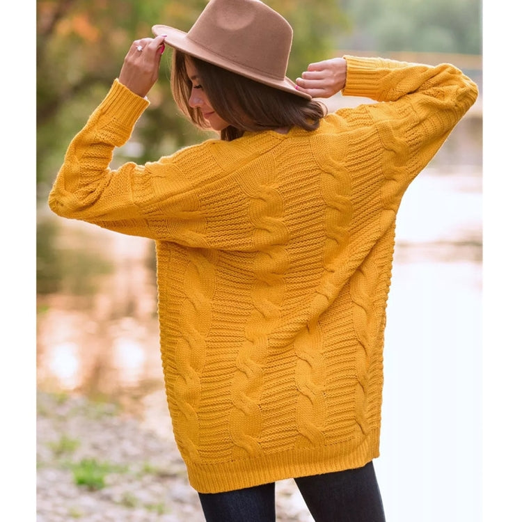 Mid-length Style Solid Color Thick Thread Twist Cardigan Knit Sweater (Color:Yellow Size:S) - Sweater by PMC Jewellery | Online Shopping South Africa | PMC Jewellery