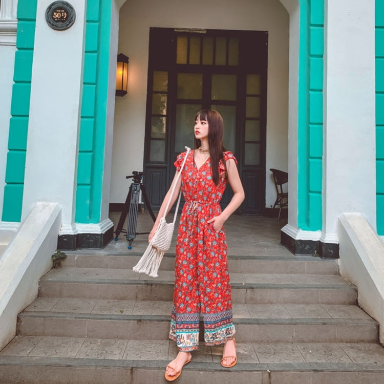 Holiday Style Retro Printed Wood Ear Button Waist Wide Leg Pants Floral Tie Jumpsuit (Color:Red Size:S) - One-Piece Garment by PMC Jewellery | Online Shopping South Africa | PMC Jewellery