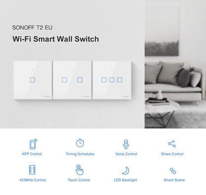 Sonoff T2 Touch 86mm Tempered Glass Panel Wall Switch Smart Home Light Touch Switch, Compatible with Alexa and Google Home, AC 100V-240V, EU Plug - Smart Switch by PMC Jewellery | Online Shopping South Africa | PMC Jewellery