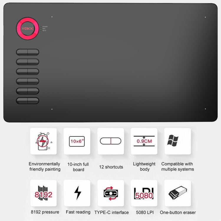 VEIKK A15 10x6 inch 5080 LPI Smart Touch Electronic Graphic Tablet, with Type-C Interface(Red) - free shipping - PMC TechLife - Order now!