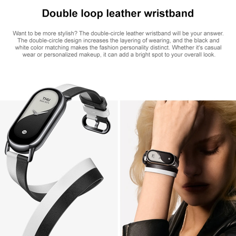 Original For Xiaomi Mi Band 8 Genuine Leather Double Loop Watch Band(Black White) - Watch Bands by Xiaomi | Online Shopping South Africa | PMC Jewellery